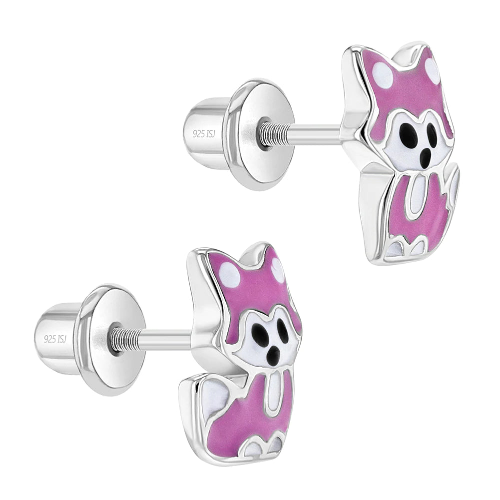 Aros de zorro esmaltado en plata 925 para niñas