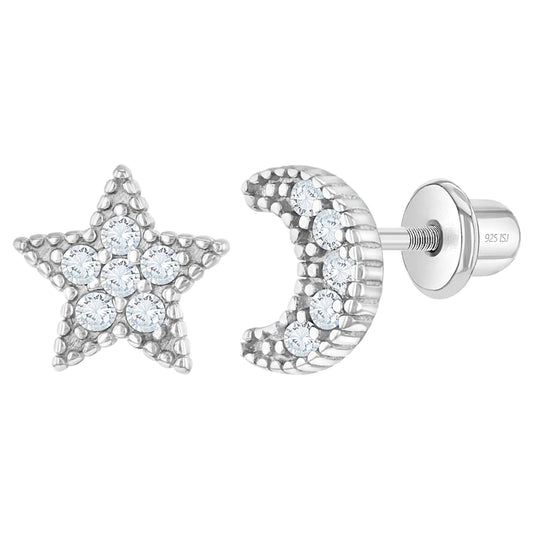 Aros mágicos de estrella y luna de plata 925 con circones para niñas y adolescentes