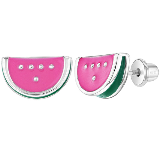 Aros de sandía rosada esmaltada de plata 925 para niñas