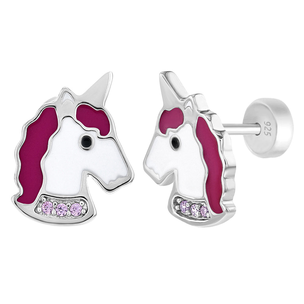 Aros de unicornio de plata 925 con esmalte rosa y correa de circones para niñas