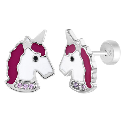 Aros de unicornio de plata 925 con esmalte rosa y correa de circones para niñas
