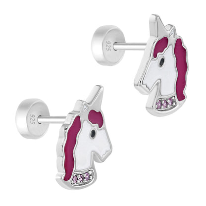 Aros de unicornio de plata 925 con esmalte rosa y correa de circones para niñas