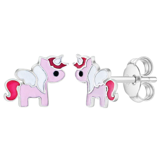Aros de unicornio esmalte rosado de plata 925 con esmalte para niñas