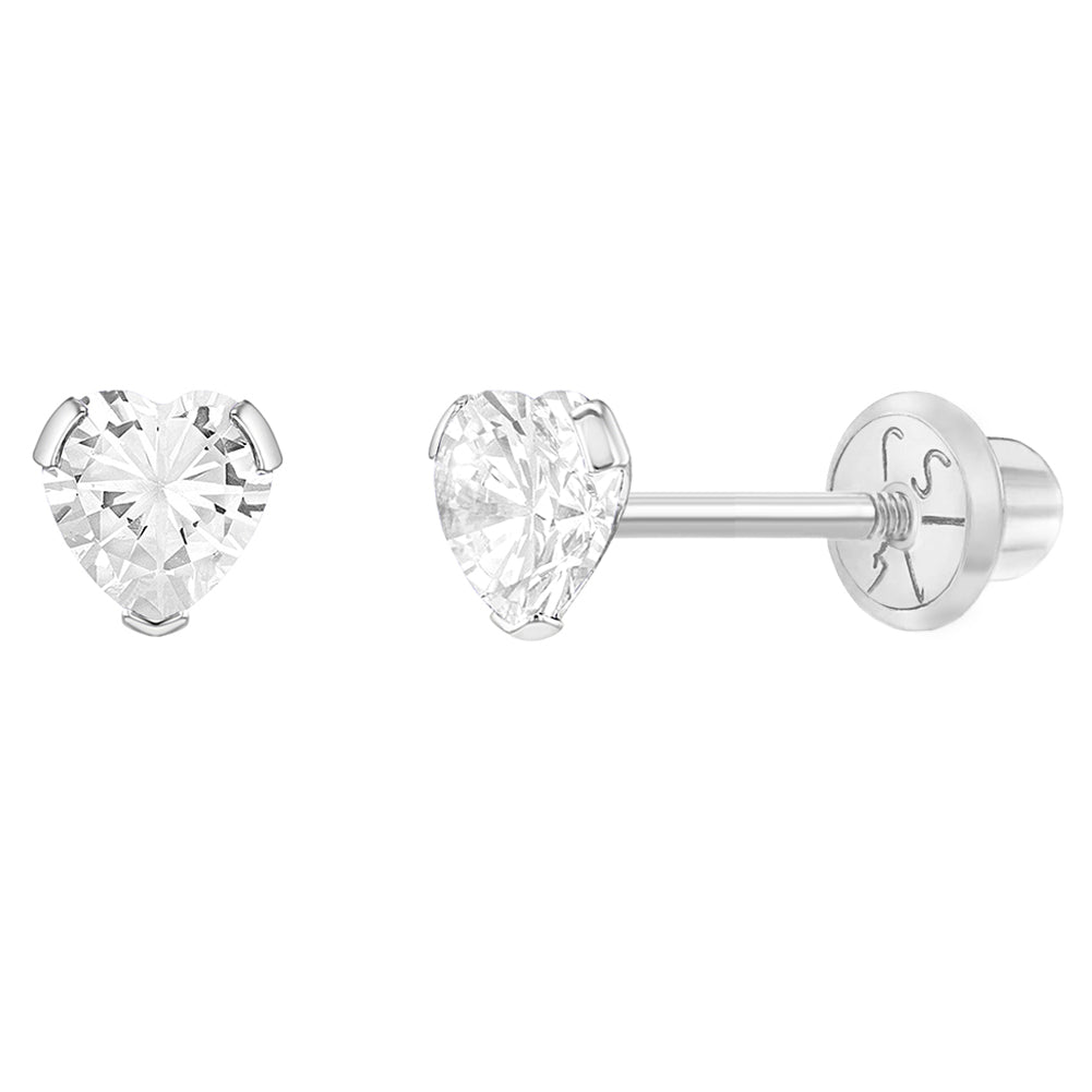 Aros de oro blanco de 14K circón con forma de corazón para bebes y niñas