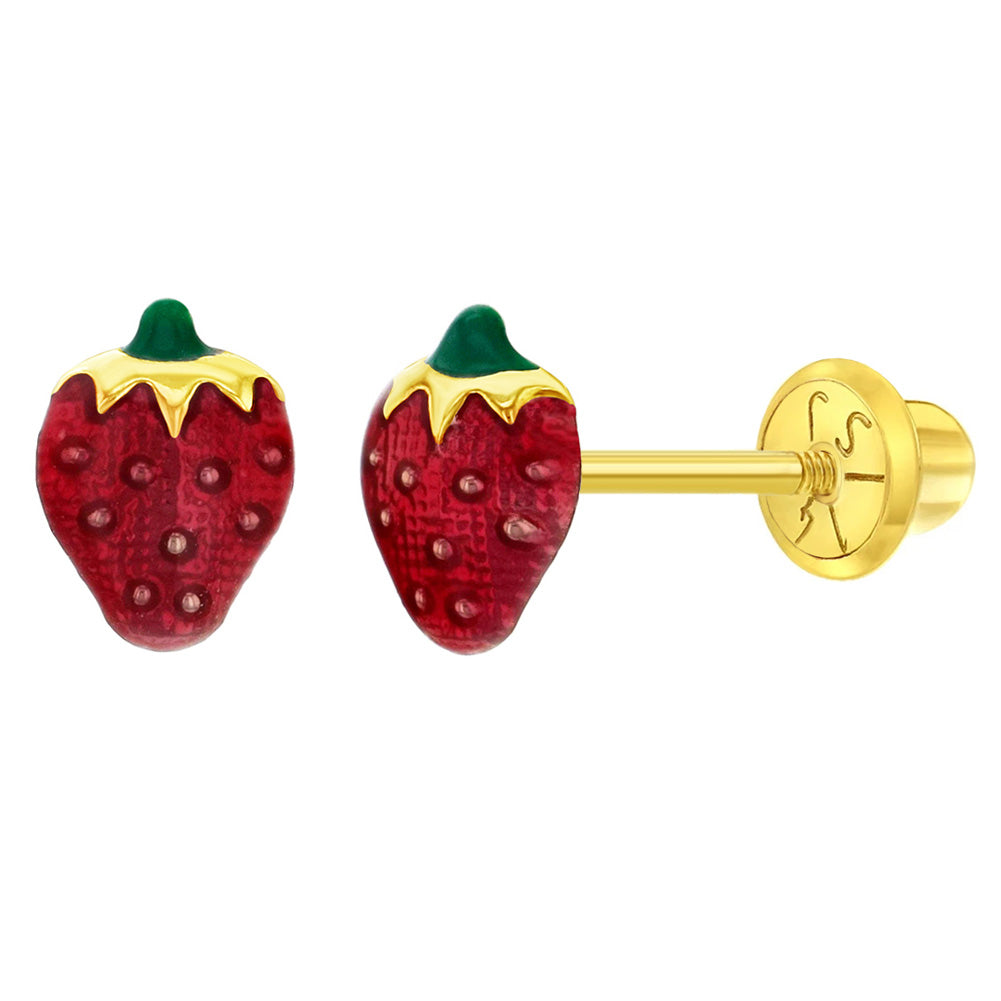 Aros frutillas de oro 14k para bebes y niñas