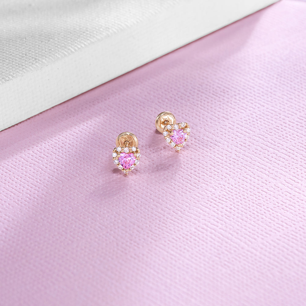 Aros de corazón en oro amarillo de 14K con circones para bebes